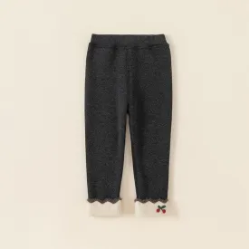 Embroidered Cherry Rolled Hem Winter Fleece Leggings