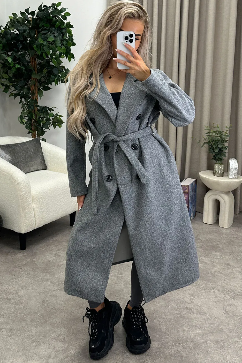 Kennie Grey Wool Button Up Belted Trench Longline Coat