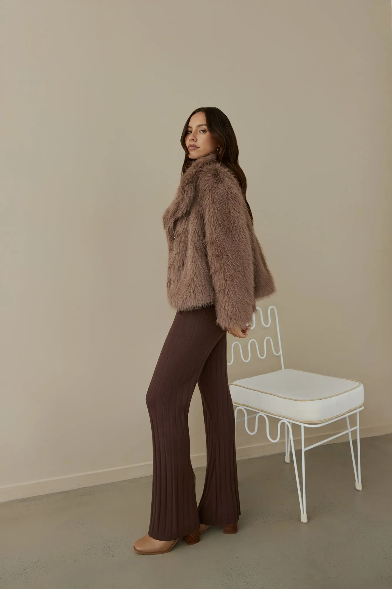 Snowflakes Falling Faux Fur Coat Brown