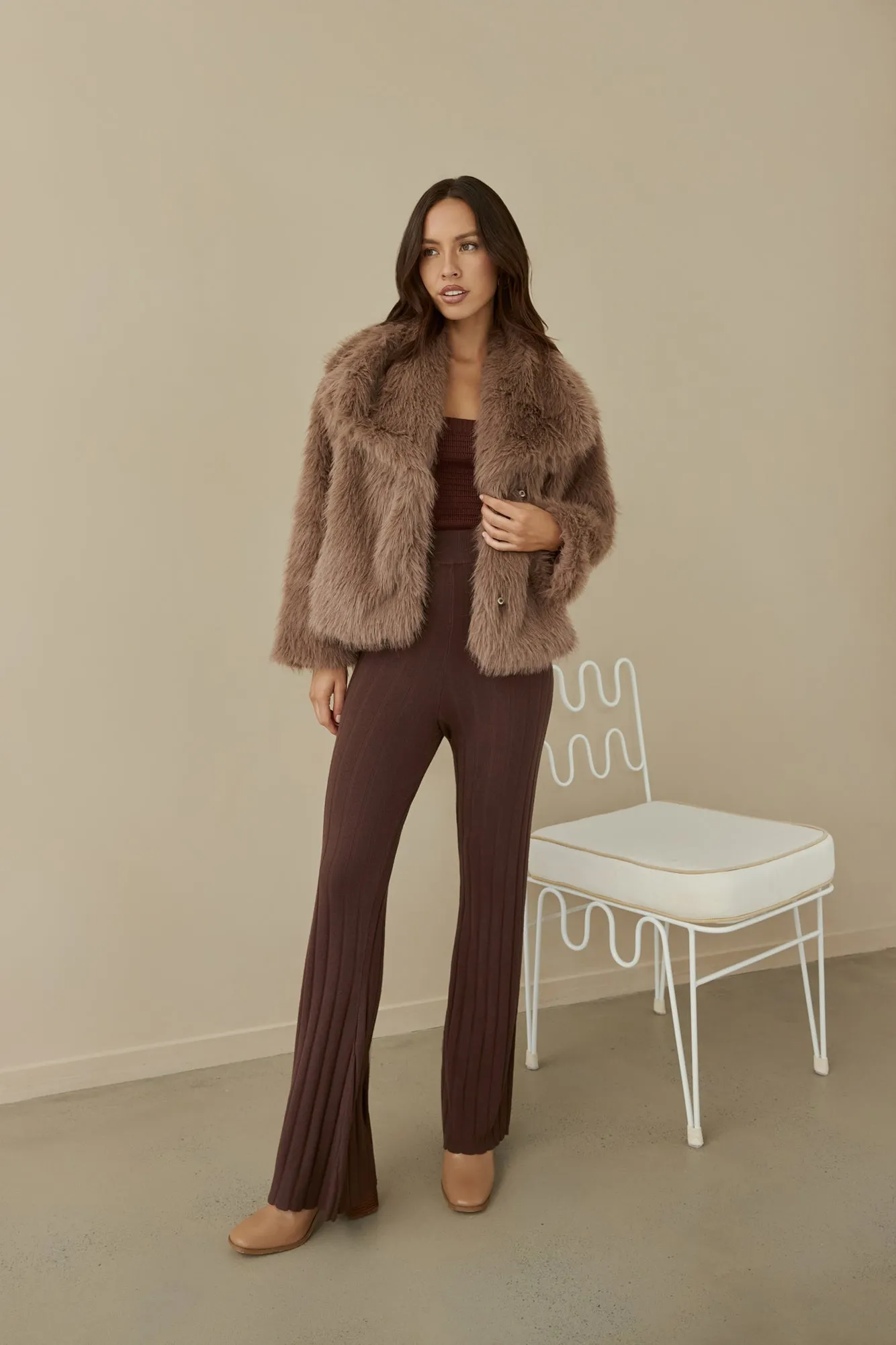 Snowflakes Falling Faux Fur Coat Brown