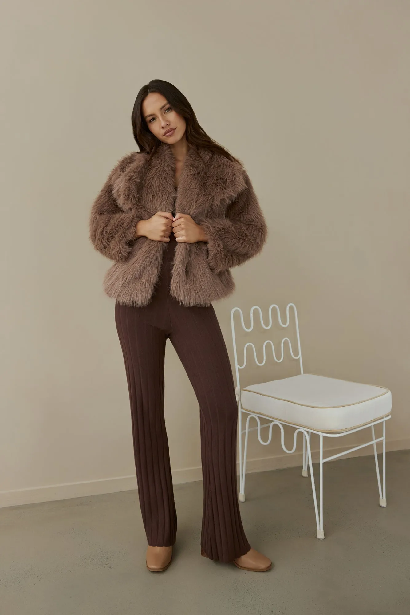 Snowflakes Falling Faux Fur Coat Brown