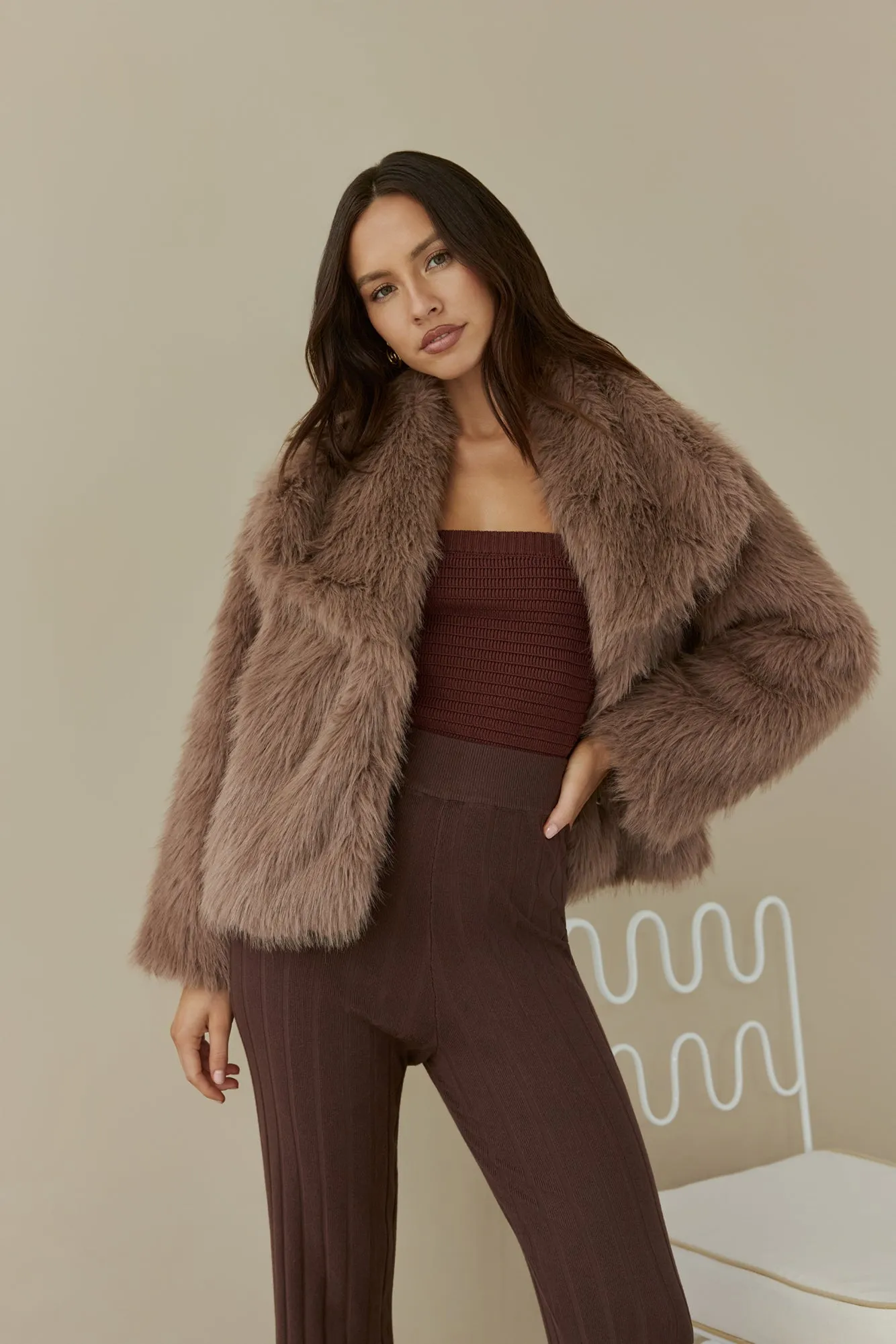 Snowflakes Falling Faux Fur Coat Brown