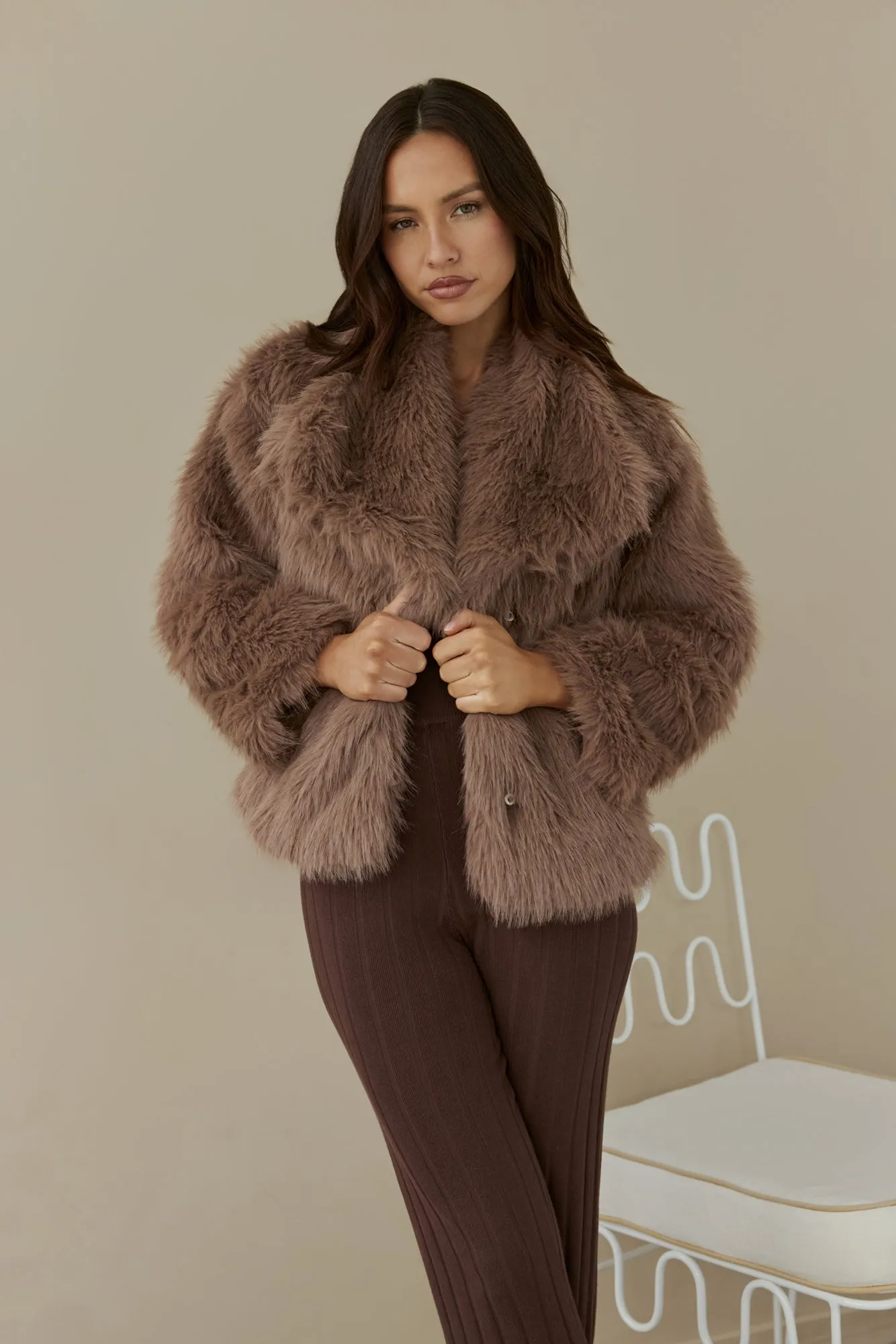 Snowflakes Falling Faux Fur Coat Brown